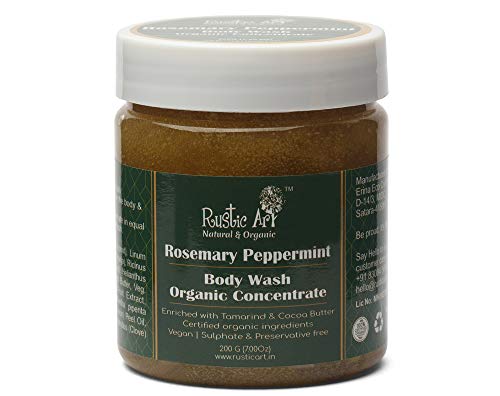 Rustic Art Rosemary Peppermint Body Wash | Organic Castile Soap | Cooling, Fights Body Acne & Gently Exfoliates | Sulphate & Paraben-Free | For Women & Men | Deep Cleansing & Moisturizing | 300ml