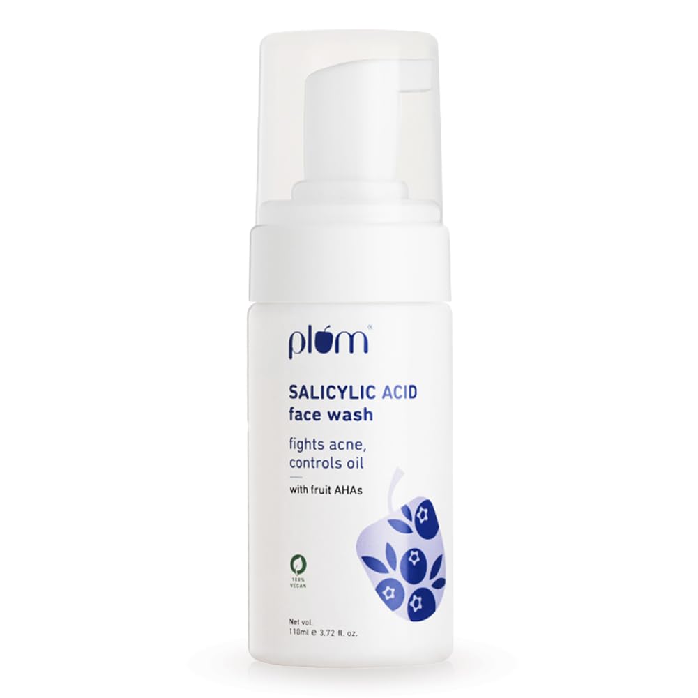 Plum 1% Encapsulated Salicylic Acid Foaming Face Wash with Glycolic Acid, Fruit AHA's & Blueberry Extracts | Fights Acne, Blackheads & Breakouts | For Men & Women | Sulphate-Free | 100% Vegan | 110 ml