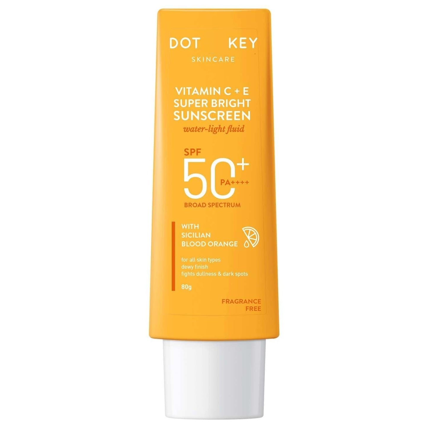 DOT KEY Vitamin C + E Super Bright Sunscreen Spf 50 | Water-Light,UVA/UVB & Blue Light Protection | For Even Toned & Glowing Skin|With Liquid Spf 50+++ | No White Cast |For All Skin Types | 80 gm