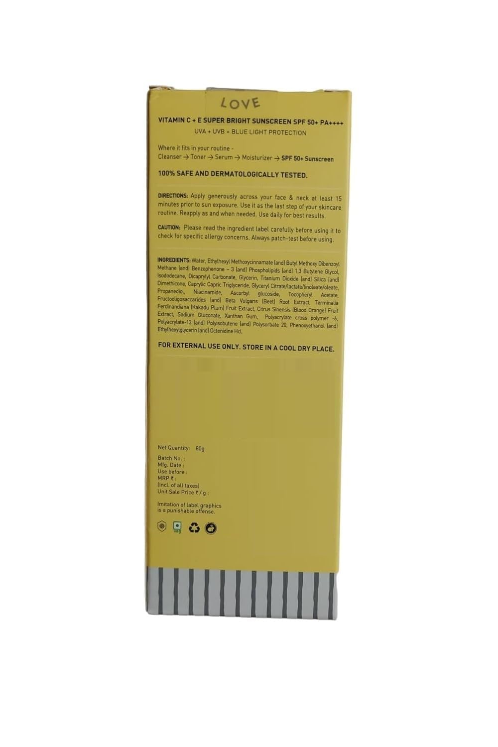 DOT KEY Vitamin C + E Super Bright Sunscreen Spf 50 | Water-Light,UVA/UVB & Blue Light Protection | For Even Toned & Glowing Skin|With Liquid Spf 50+++ | No White Cast |For All Skin Types | 80 gm