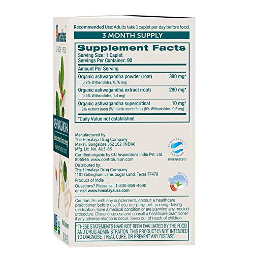 Himalaya Organic Ashwagandha, 60 Day Supply, Herbal Supplement for Stress Relief, Energy, Occasional Sleeplessness, Additive Free, Organic, Non-GMO, Vegan, Gluten Free, 670 mg, 60 Caplets