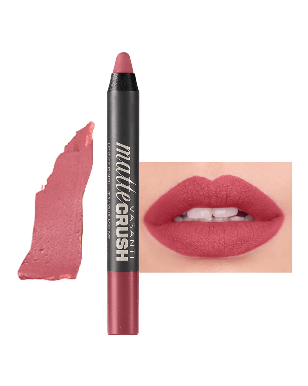 VASANTI Matte Crush Lipstick Pencil – Rosy Pout Medium Pink Brown – Soft, Velvety Matte Finish, Waterproof, Smooth Application – Natural, Vegan, Paraben-Free Lip Color