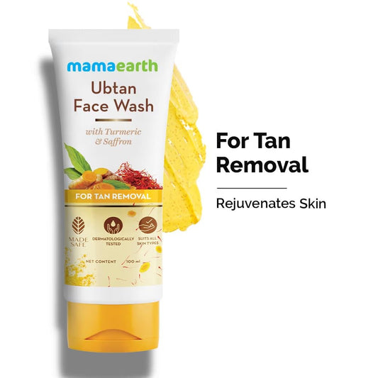 Mamaearth Ubtan De Tan Face Wash | Helps Reduce Tanning & Sun Damage | Gently Cleanses Dirt & Excess Oil | Enriched with Turmeric & Saffron | 3.38 Fl Oz (100ml)
