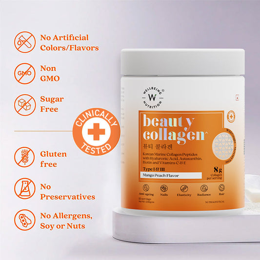 Wellbeing Nutrition Beauty Korean Marine Collagen Peptides with Hyaluronic Acid, Rosehip, Astaxanthin, Biotin & Vitamins C & E for Hair, Nails, Skin Radiance & Anti-Aging | Mango Peach Flavor - 250g