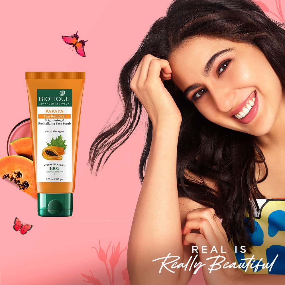 Biotique Papaya Tan Removal Brightening & Revitalizing Face Scrub | Gentle Exfoliation | Smooth and Clear Complexation | 100% Botanical Extracts| Suitable for All Skin Types | 75g
