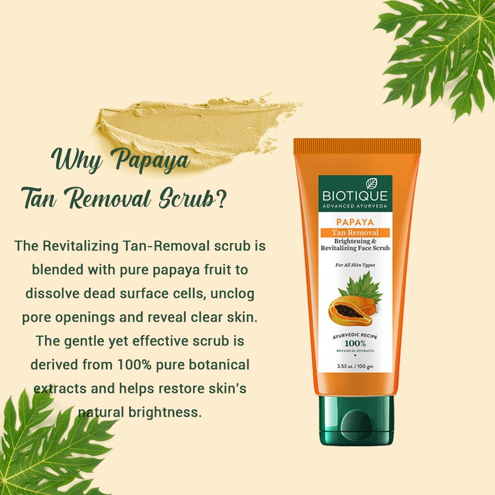 Biotique Papaya Tan Removal Brightening & Revitalizing Face Scrub | Gentle Exfoliation | Smooth and Clear Complexation | 100% Botanical Extracts| Suitable for All Skin Types | 75g