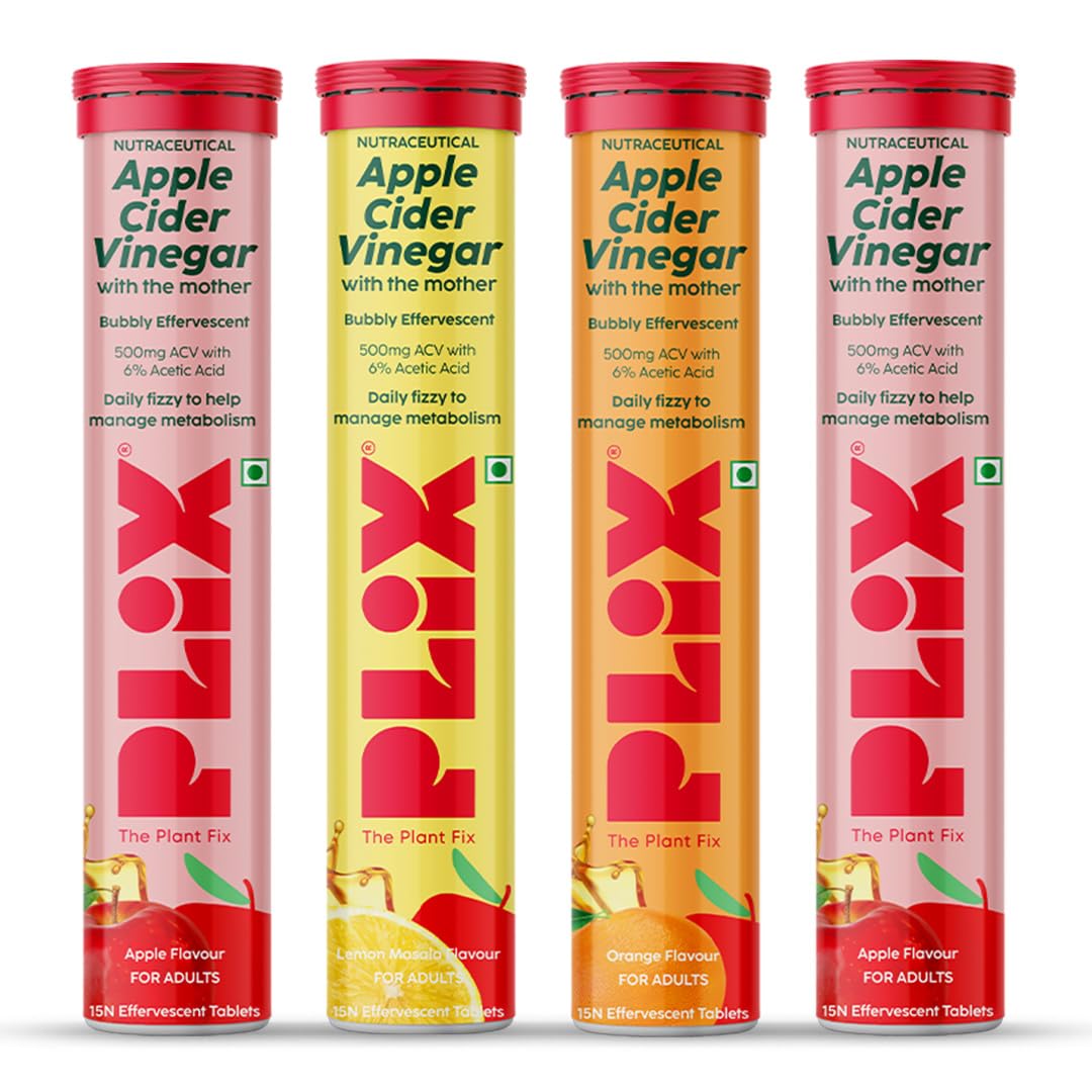 THE PLANT FIX Apple Cider Vinegar Effervescent Tablet with mother | Supports Metabolism & Appetite Control I With 500mg ACV, Vit B6 & B12 I No Maltodextrin, No Added Sugar I Pack of 4 (60 tablets)