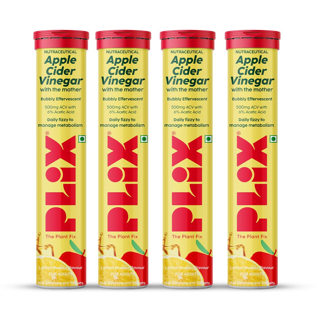 THE PLANT FIX Apple Cider Vinegar Effervescent Tablet with mother | Supports Metabolism & Appetite Control I With 500mg ACV, Vit B6 & B12 I No Maltodextrin, No Added Sugar I Pack of 4 (60 tablets)