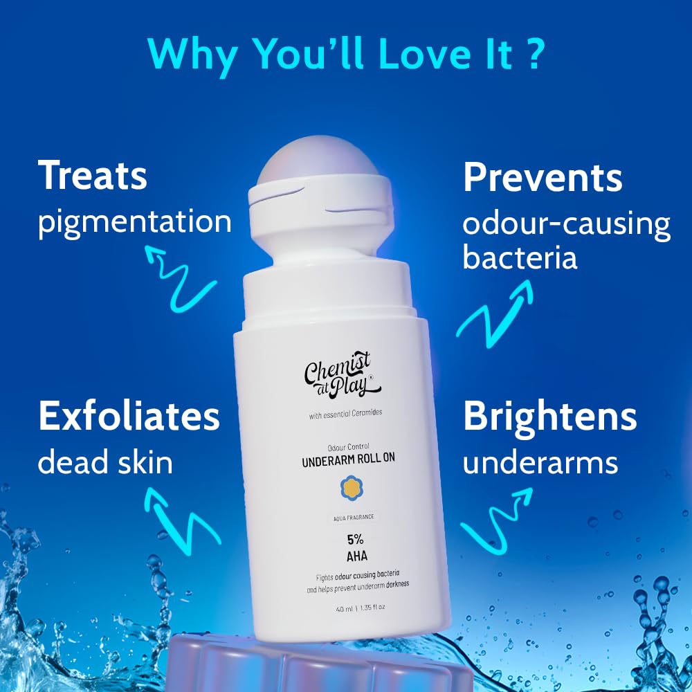 UnderArm Roll-On with 5% Lactic Acid 1% Mandelic Acid | Prevents Odour Brightens Skin & Exfoliates Underarm | Long Lasting Aqua Fragrance | Alcohol & Aluminium Free (1.3 Ounce)
