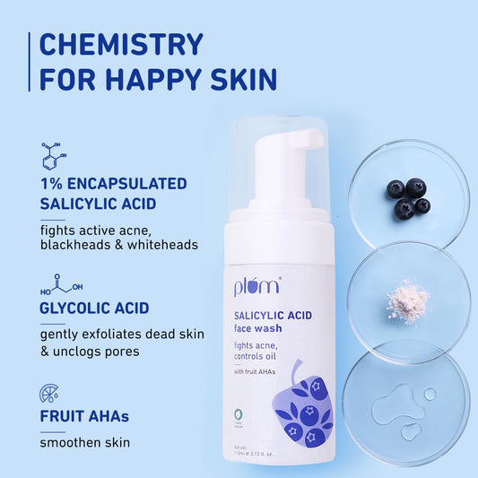 Plum 1% Encapsulated Salicylic Acid Foaming Face Wash with Glycolic Acid, Fruit AHA's & Blueberry Extracts | Fights Acne, Blackheads & Breakouts | For Men & Women | Sulphate-Free | 100% Vegan | 110 ml