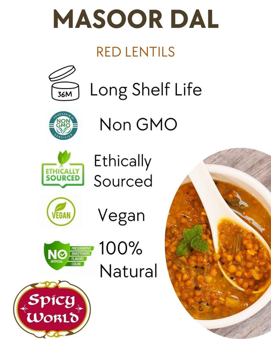 Masoor Dal 4 Pound Bag - Split Red Lentils Dry - All Natural, Pure, Vegan - Resealable Bag by Spicy World