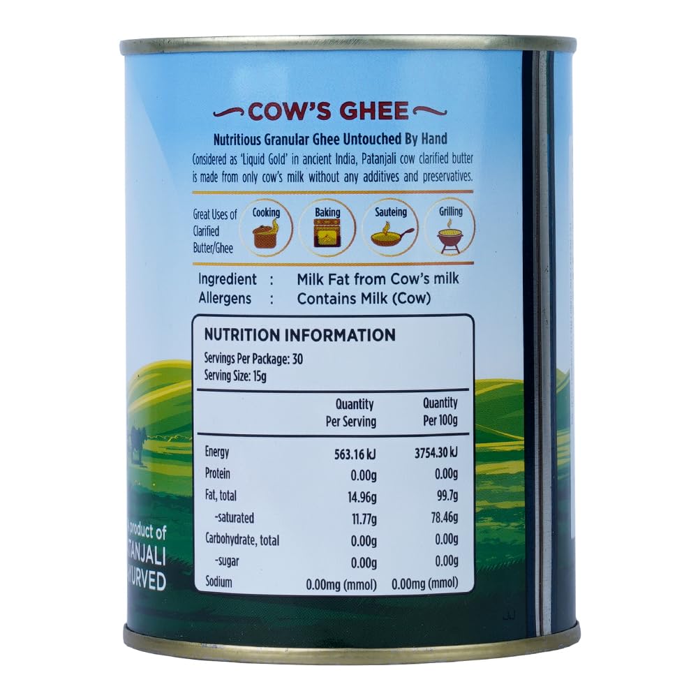 Patanjali Grass Fed Cow Ghee 1Lt- Energy Infused, Low in Lactose, Low in Casein, Non-GMO, Vegetarian, Gluten free, Keto and Paleo friendly.