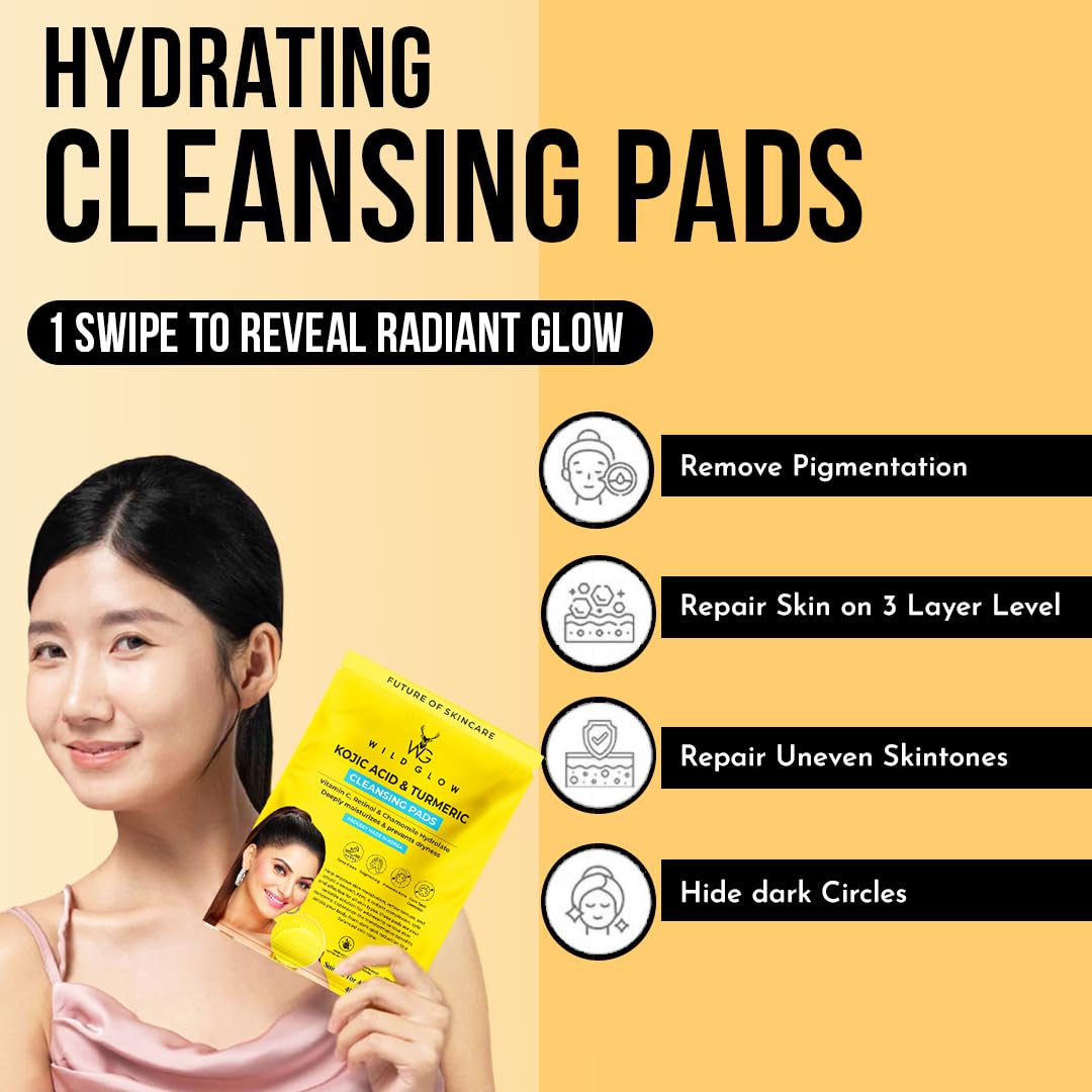 WILDGLOW Turmeric & Kojic Acid Face Cleansing Pads for Dark Spots, Skin Brightening & Acne Prevention | Vitamin C, Retinol & Chamomile Hydrolat | For Women & Men | All Skin Type | 40 Pieces Pack of 1