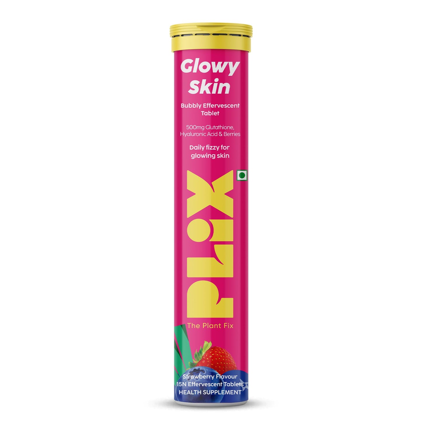 PLIX Glowy Skin 500mg Glutathione Supplement with Hyaluronic Acid, Vitamin C, E & Berries | 30 Effervescent Tablets, Strawberry Flavor
