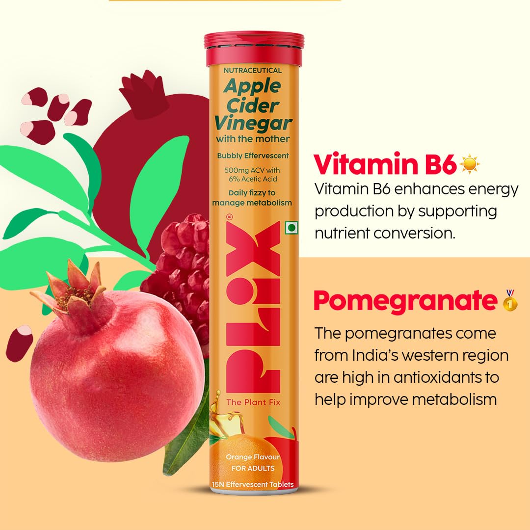 THE PLANT FIX Apple Cider Vinegar Effervescent Tablet with mother | Supports Metabolism & Appetite Control I With 500mg ACV, Vit B6 & B12 I No Maltodextrin, No Added Sugar I Pack of 4 (60 tablets)