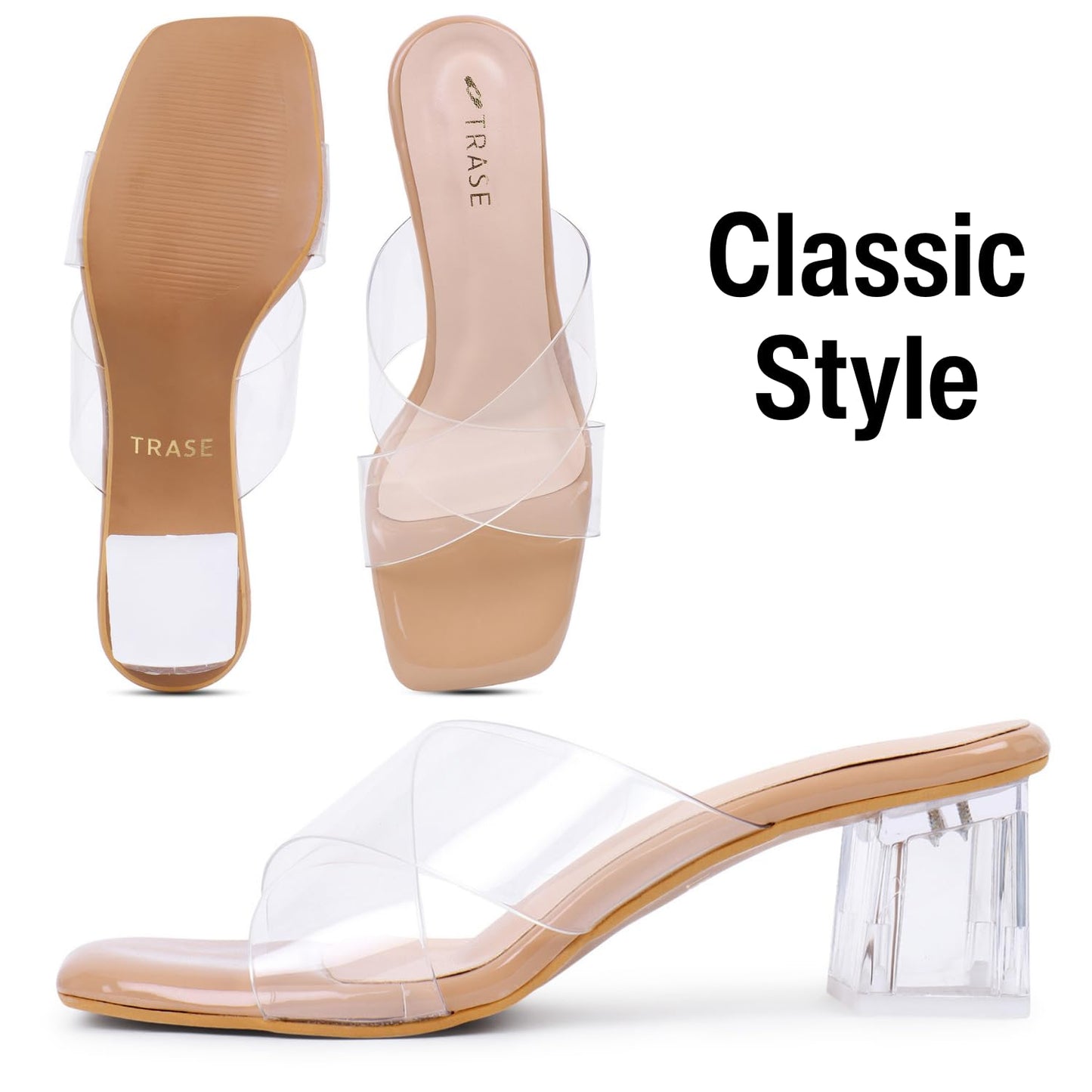 TRASE Lucid Luxe Stylish Transparent Cross Strap Block Heel Sandals For Women And Girls