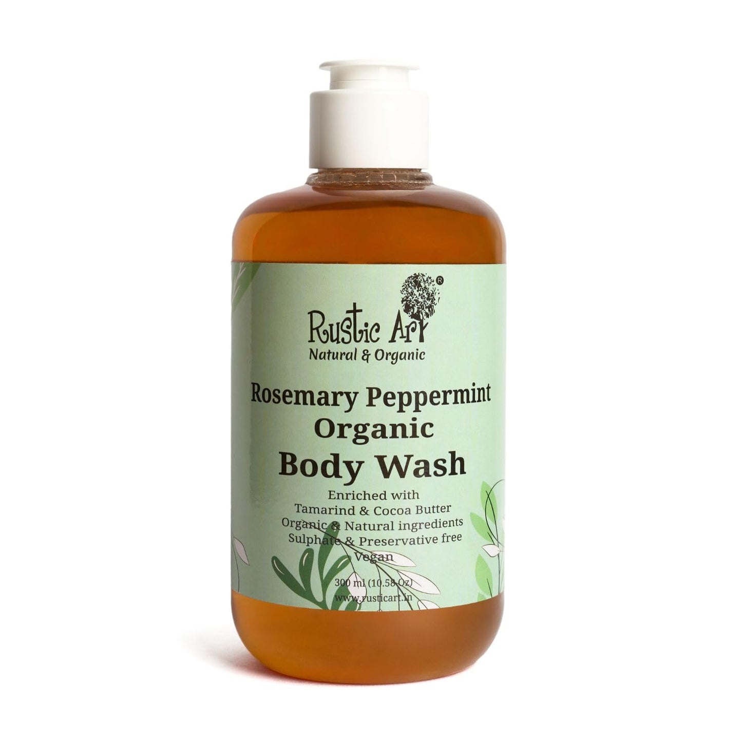 Rustic Art Rosemary Peppermint Body Wash | Organic Castile Soap | Cooling, Fights Body Acne & Gently Exfoliates | Sulphate & Paraben-Free | For Women & Men | Deep Cleansing & Moisturizing | 300ml
