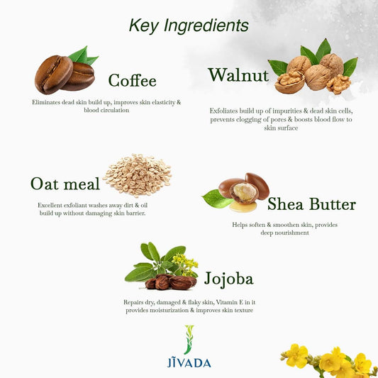 Jivada Lacquer Body Scrub with Walnut, Oatmeal & Kaolin Clay | Tan Removal, Dead & Dull Bumpy Skin| Brightened Smooth Skin | All Skin Types | Women & Men | Sulphate & Paraben Free |100g