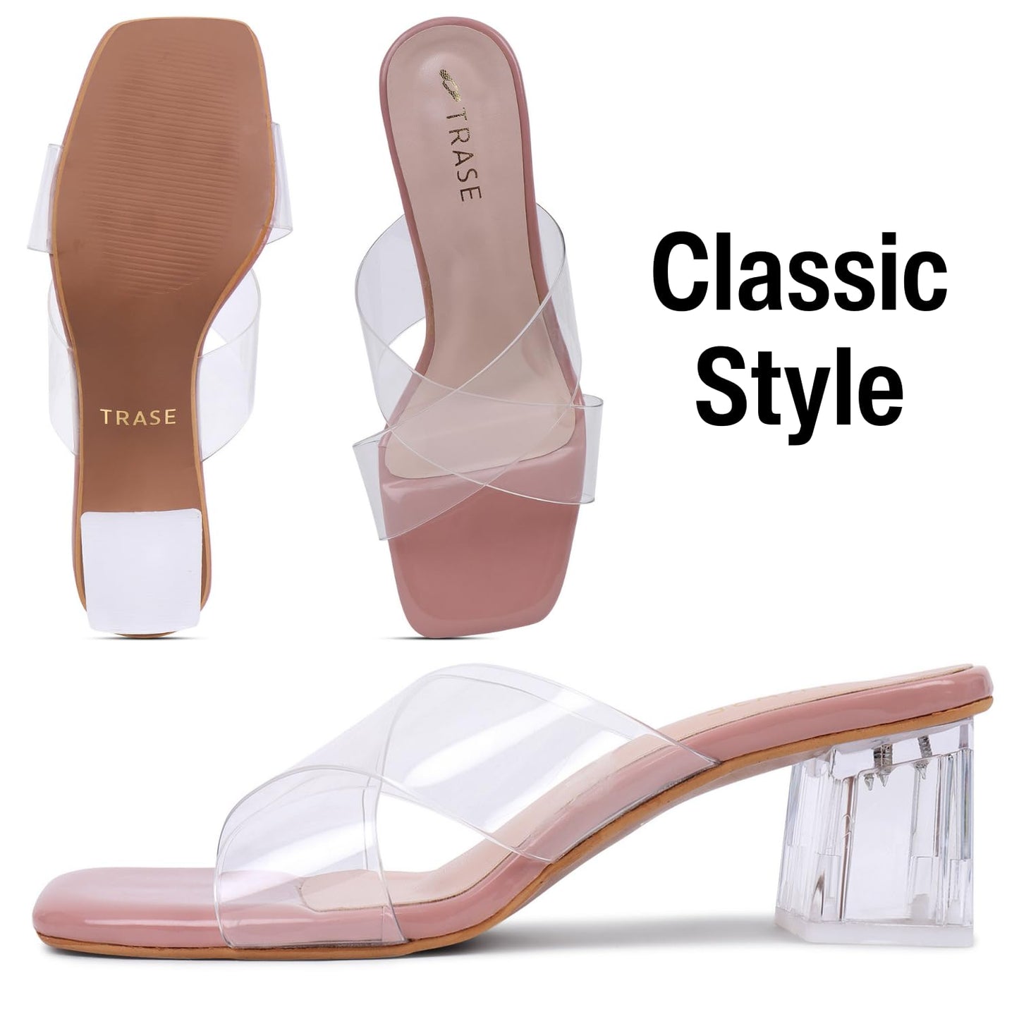 TRASE Lucid Luxe Stylish Transparent Cross Strap Block Heel Sandals For Women And Girls