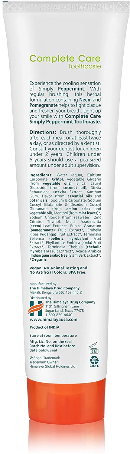 Himalaya Botanique Complete Care Toothpaste, Herbal, Mint Flavor, Fights Plaque, Freshens Breath, Fluoride Free, No Artificial Flavors, SLS Free, Cruelty Free, Foaming, 5.29 Oz, 4 Pack