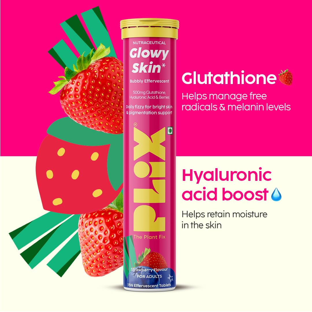 PLIX Glowy Skin 500mg Glutathione Supplement with Hyaluronic Acid, Vitamin C, E & Berries | 30 Effervescent Tablets, Strawberry Flavor