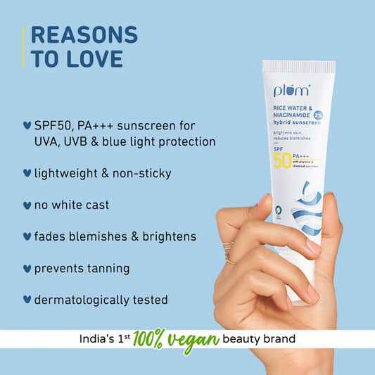 Plum 2% Niacinamide & Rice Water Sunscreen SPF 50 PA+++ | for Oily, Dry & Combination Skin | UVA/UVB Protection | Reduces Tan & Brightens Skin | No White Cast & Non-Sticky | for Women & Men | 50g