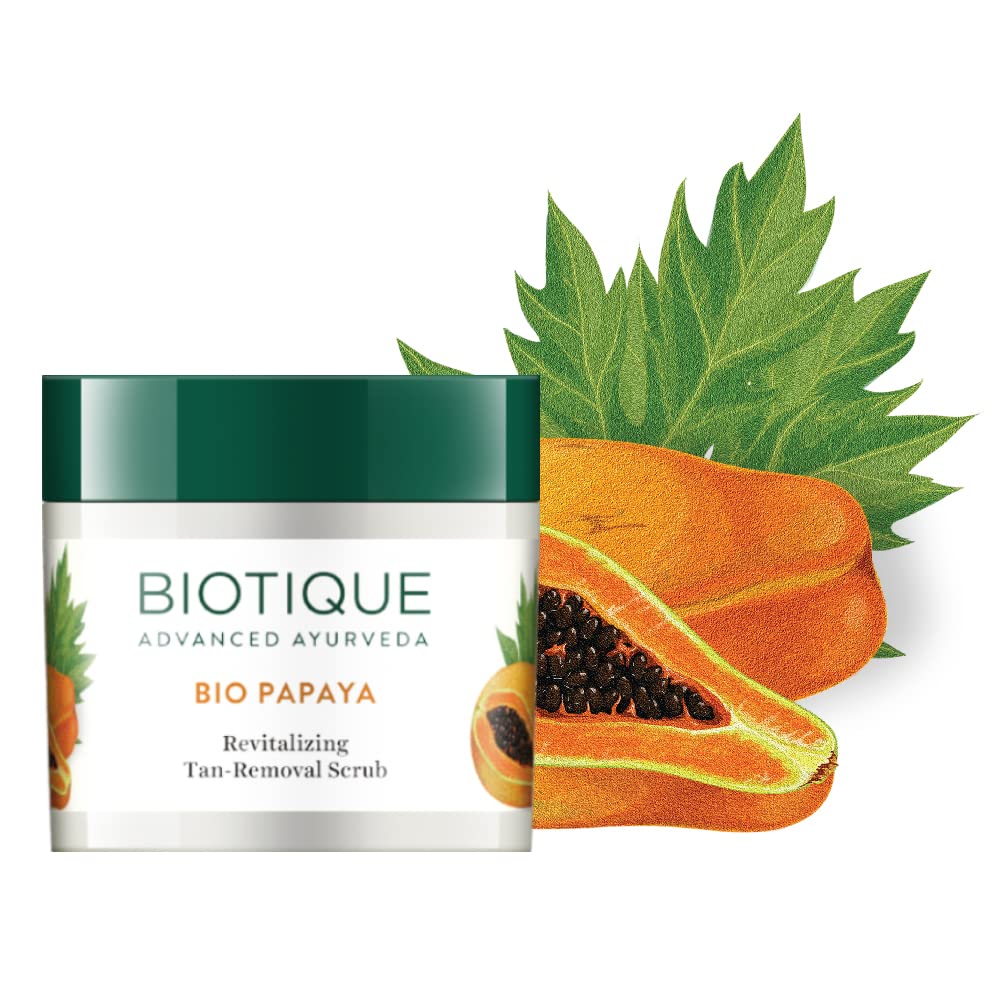 Biotique Papaya Tan Removal Brightening & Revitalizing Face Scrub | Gentle Exfoliation | Smooth and Clear Complexation | 100% Botanical Extracts| Suitable for All Skin Types | 75g