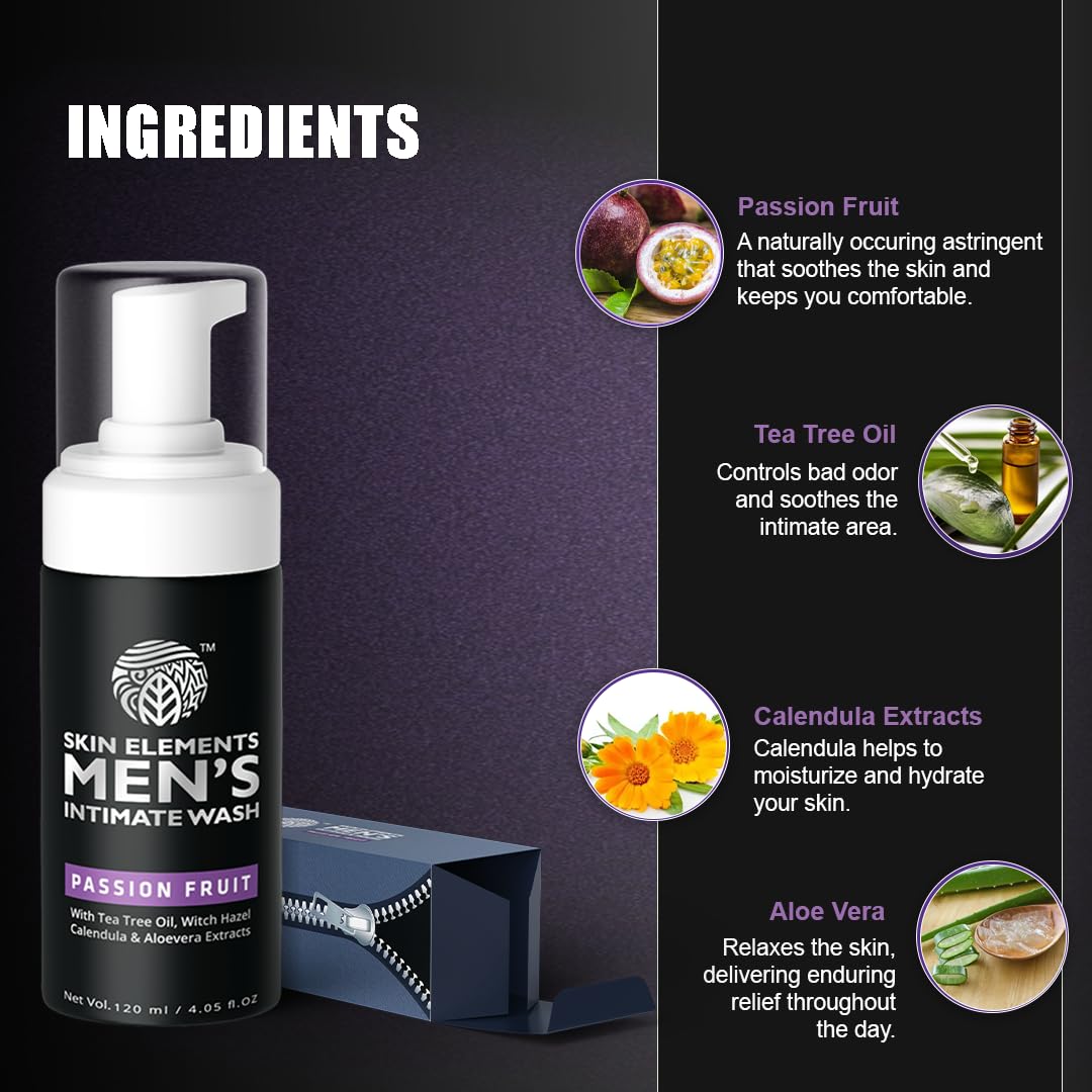 Skin Elements Intimate Wash for Men with Passion Fruit (4.05 Fl Oz) | pH Balanced Foaming Intimate Wash | Prevents Itching, Irritation & Bad Odor |