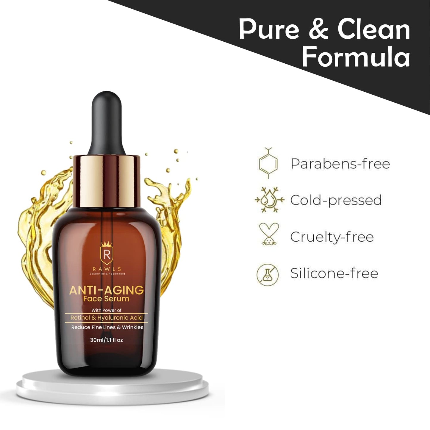 RAWLS Face Serum for Glowing Skin, 30ML | Anti-Aging Serum with Retinol, Hyaluronic Acid & Vitamin C | Reduces Fine Lines, Wrinkles & Boosts Collagen | Lightweight & Non-Sticky | For Women & Men | All Skin Types