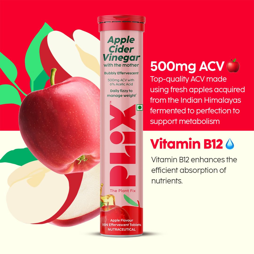THE PLANT FIX Apple Cider Vinegar Effervescent Tablet with mother | Supports Metabolism & Appetite Control I With 500mg ACV, Vit B6 & B12 I No Maltodextrin, No Added Sugar I Pack of 4 (60 tablets)