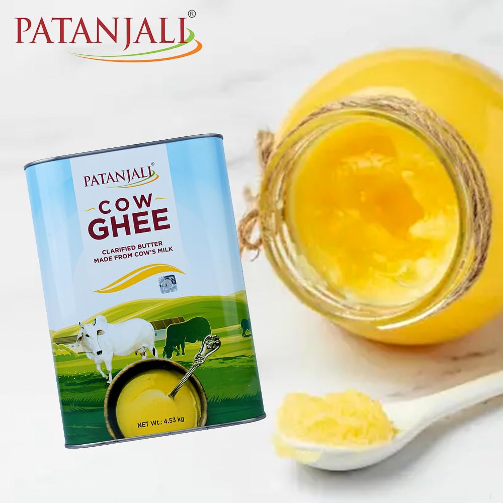 Patanjali Grass Fed Cow Ghee 1Lt- Energy Infused, Low in Lactose, Low in Casein, Non-GMO, Vegetarian, Gluten free, Keto and Paleo friendly.