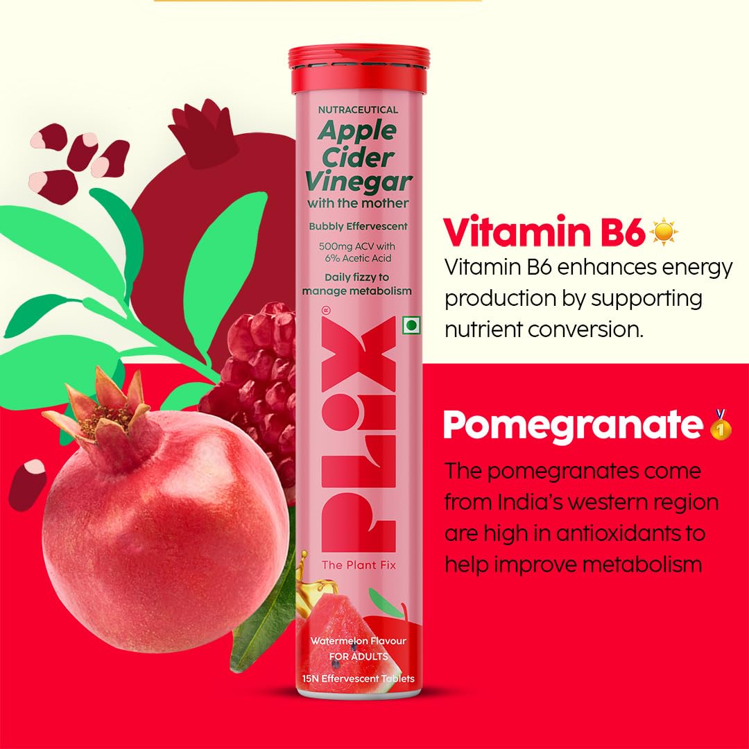 THE PLANT FIX Apple Cider Vinegar Effervescent Tablet with mother | Supports Metabolism & Appetite Control I With 500mg ACV, Vit B6 & B12 I No Maltodextrin, No Added Sugar I Pack of 4 (60 tablets)