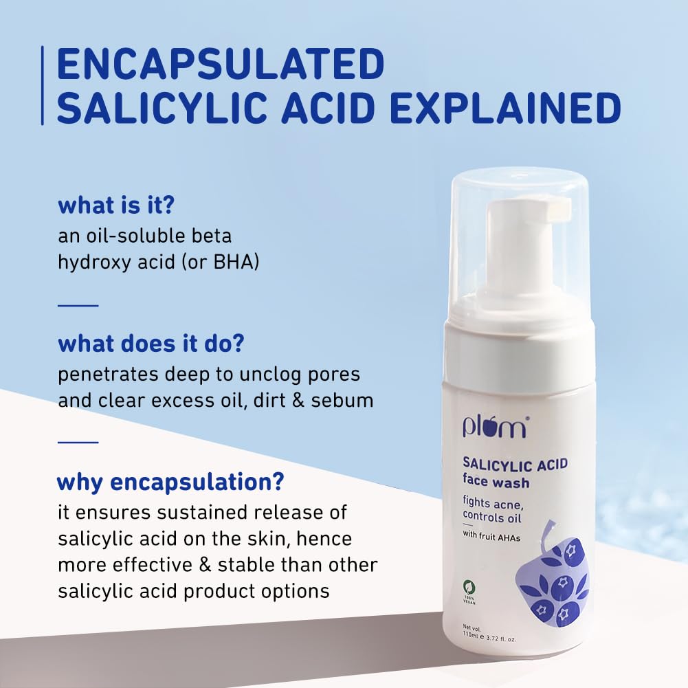 Plum 1% Encapsulated Salicylic Acid Foaming Face Wash with Glycolic Acid, Fruit AHA's & Blueberry Extracts | Fights Acne, Blackheads & Breakouts | For Men & Women | Sulphate-Free | 100% Vegan | 110 ml