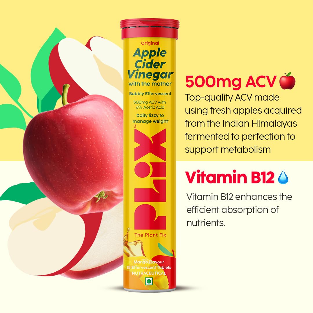 THE PLANT FIX Apple Cider Vinegar Effervescent Tablet with mother | Supports Metabolism & Appetite Control I With 500mg ACV, Vit B6 & B12 I No Maltodextrin, No Added Sugar I Pack of 4 (60 tablets)
