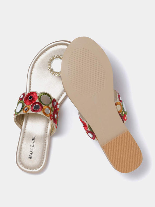 Marc Loire Women's One Toe Ethnic Slip-On Flat Chappals, Embellished & Traditional Footwear (Golden, UK Footwear Size System, Adult, Women, Numeric, Medium, 5)