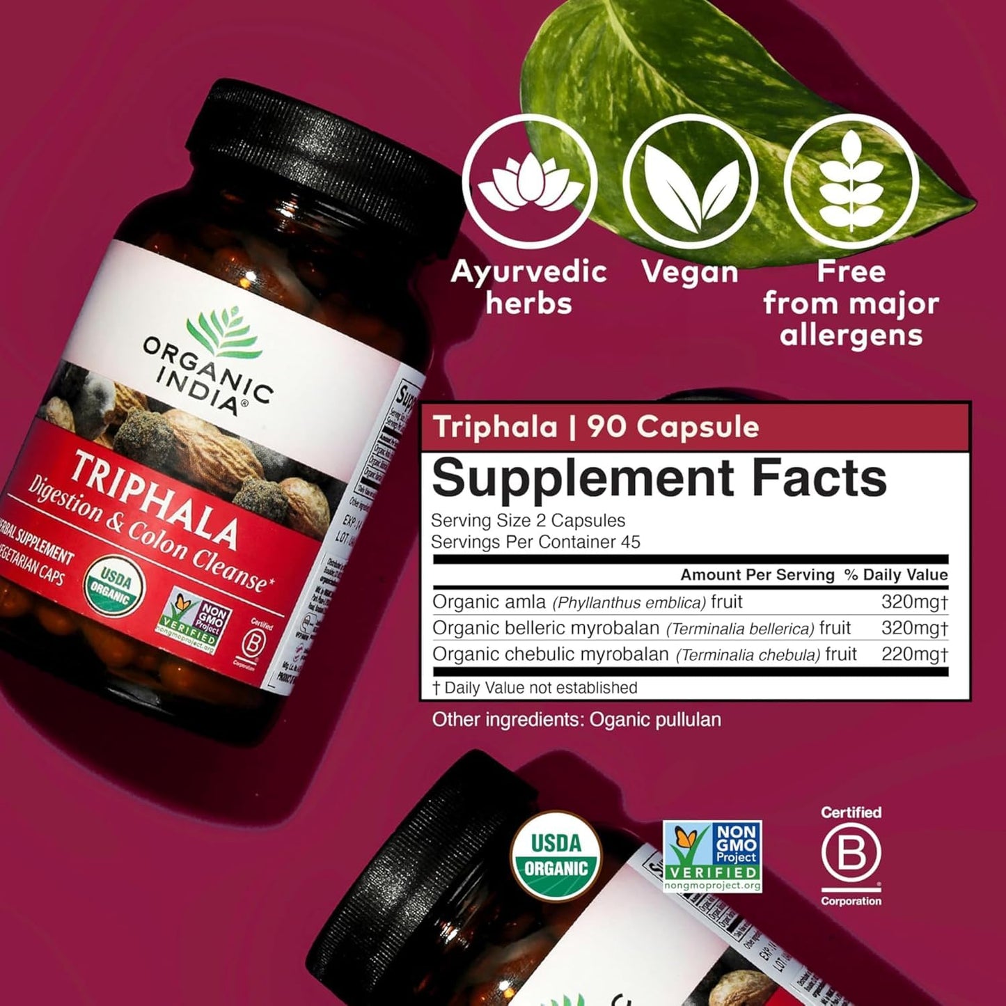 ORGANIC INDIA Triphala Capsules Organic - Herbal Supplement with Amla, Bibhitaki, Haritaki, Digestion & Colon Support, Immune System Support, Adaptogen, Vegan, USDA Certified Organic - 180 Capsules