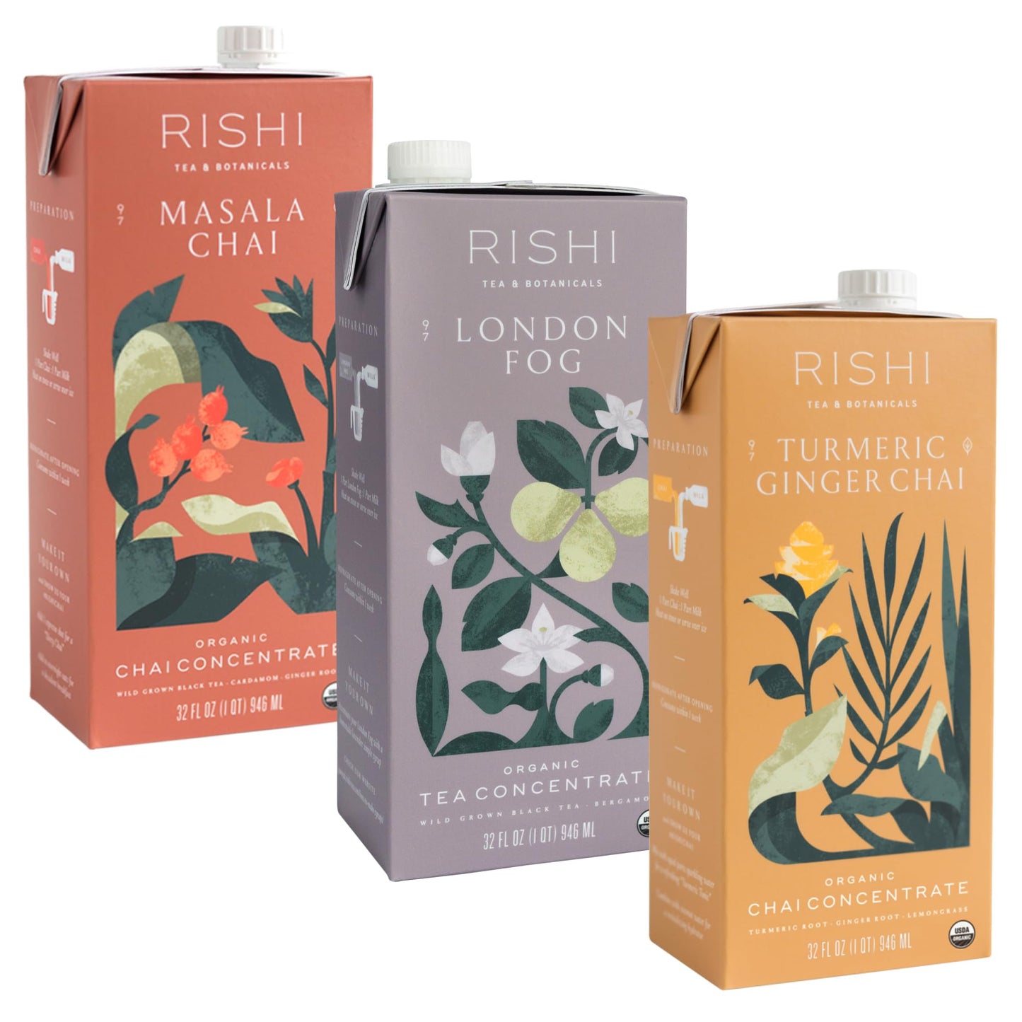 Rishi Tea Masala Chai Latte - Organic Black Tea Concentrate, Easy-to-Serve Hot or Iced Chai Mix - 32 fl oz Carton, 8 Servings (Pack of 12)