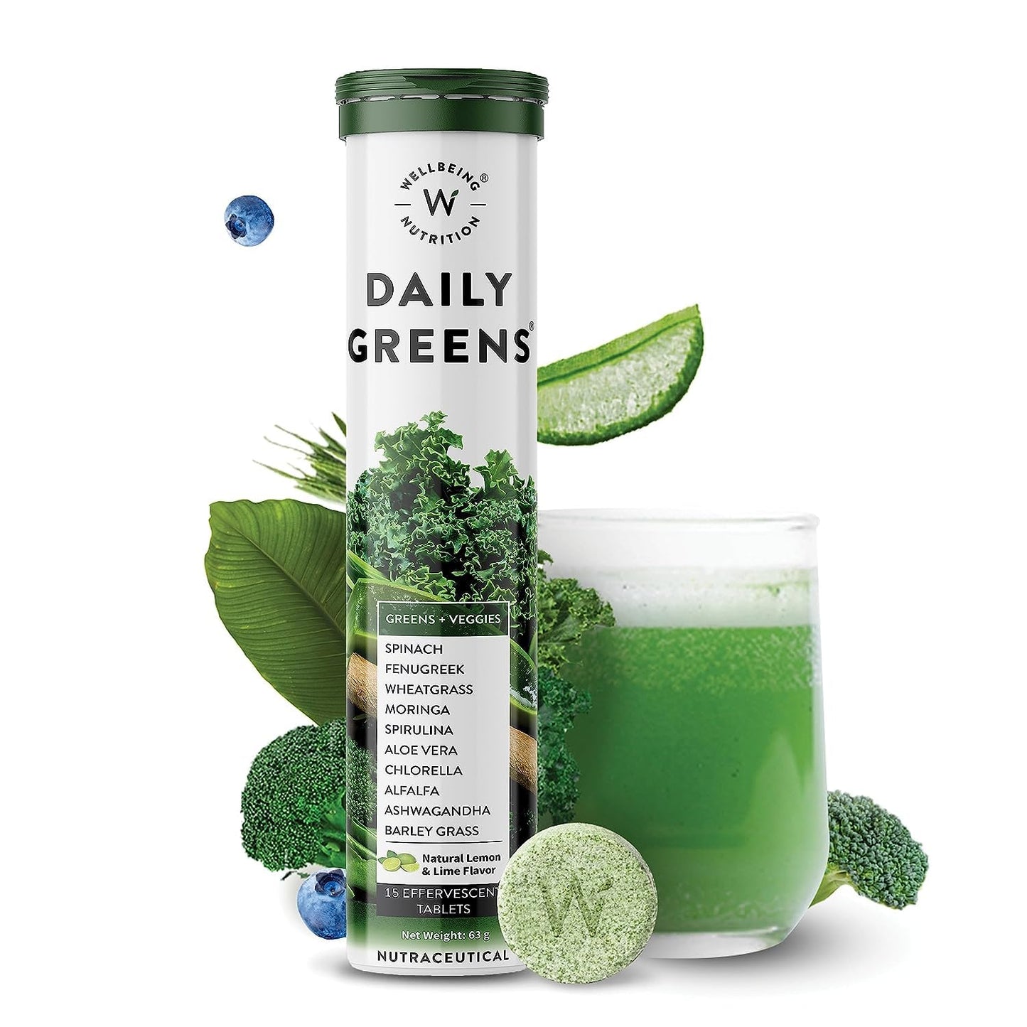 WELLBEING NUTRITION Daily Greens, Wholefood Multivitamin with Vitamin C, Zinc, B6, B12 for Immunity and Detox with 39+ Organic Certified Plant Superfoods & Antioxidants(15Tabs x 2) (63 g (Pack of 2))