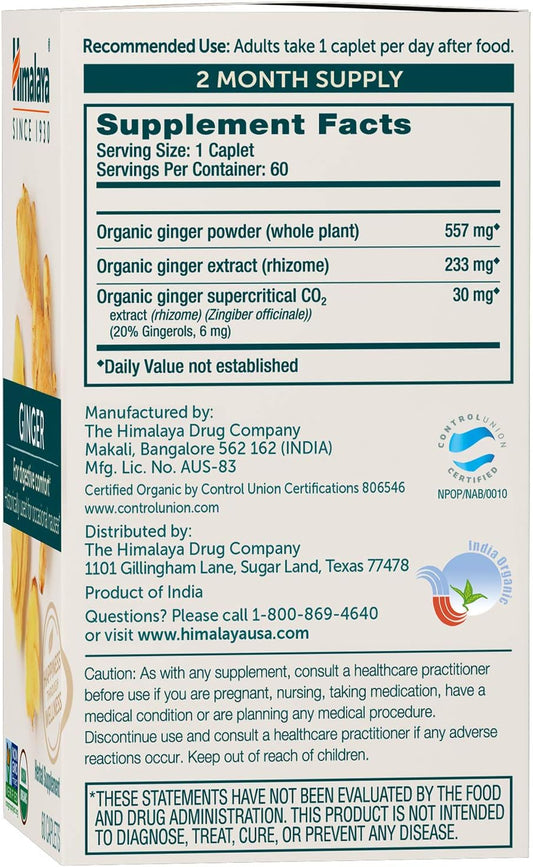 Himalaya Organic Ginger, 60 Day Supply - Digestive Health Supplement for Nausea, Upset Stomach Relief, and Occasional Bloating and Heartburn - USDA Organic, Vegan, Non-GMO, Gluten Free, 60 Caplets