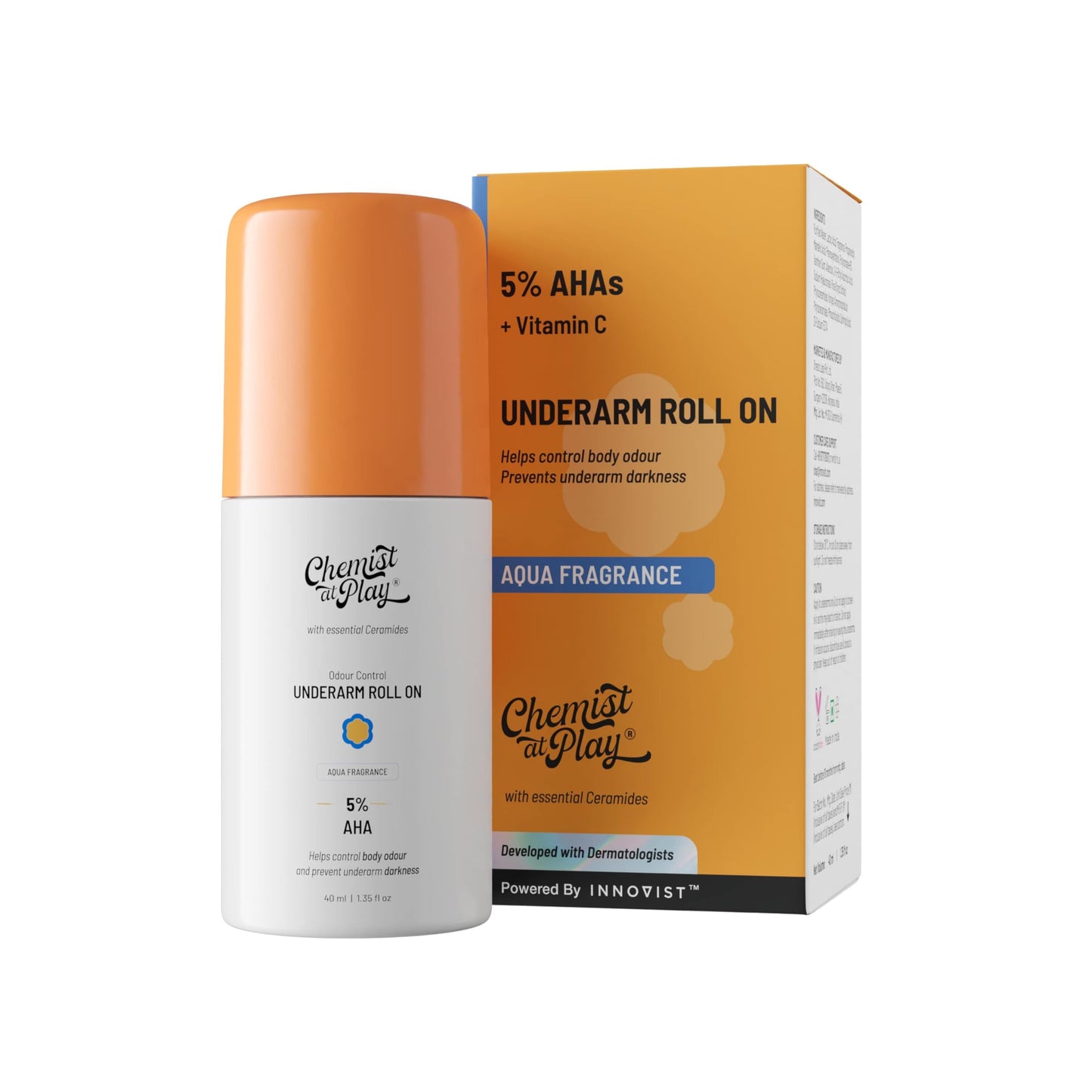 UnderArm Roll-On with 5% Lactic Acid 1% Mandelic Acid | Prevents Odour Brightens Skin & Exfoliates Underarm | Long Lasting Aqua Fragrance | Alcohol & Aluminium Free (1.3 Ounce)