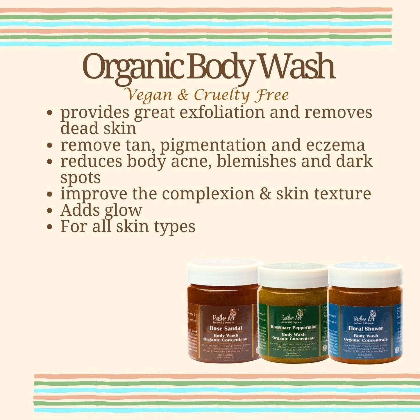 Rustic Art Rosemary Peppermint Body Wash | Organic Castile Soap | Cooling, Fights Body Acne & Gently Exfoliates | Sulphate & Paraben-Free | For Women & Men | Deep Cleansing & Moisturizing | 300ml