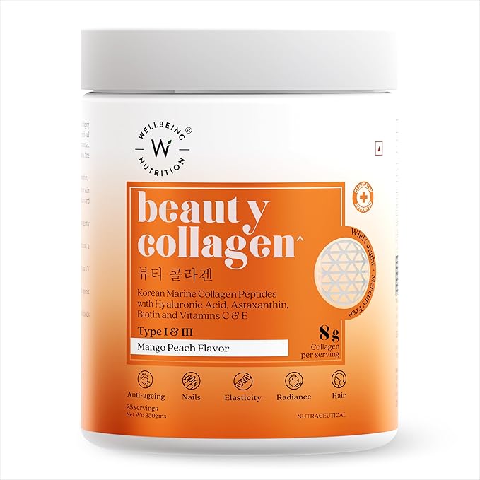 Wellbeing Nutrition Beauty Korean Marine Collagen Peptides with Hyaluronic Acid, Rosehip, Astaxanthin, Biotin & Vitamins C & E for Hair, Nails, Skin Radiance & Anti-Aging | Mango Peach Flavor - 250g