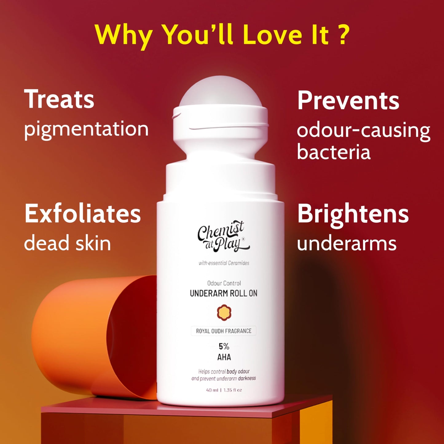 UnderArm Roll-On with 5% Lactic Acid 1% Mandelic Acid | Prevents Odour Brightens Skin & Exfoliates Underarm | Long Lasting Aqua Fragrance | Alcohol & Aluminium Free (1.3 Ounce)