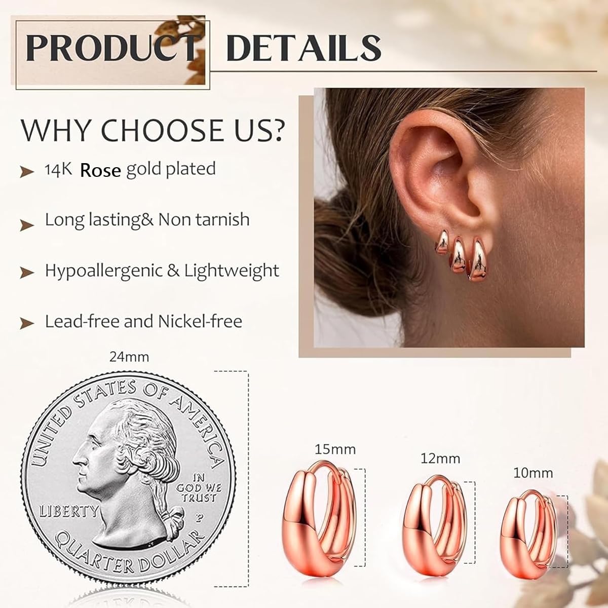 VAMA FASHIONS 18K Rose Gold Plated Hypoallergenic Piercing Kaju Kan ki Bali Hoop Earring Dainty Chunky Huggie Baali Stud Earrings for Girls Women