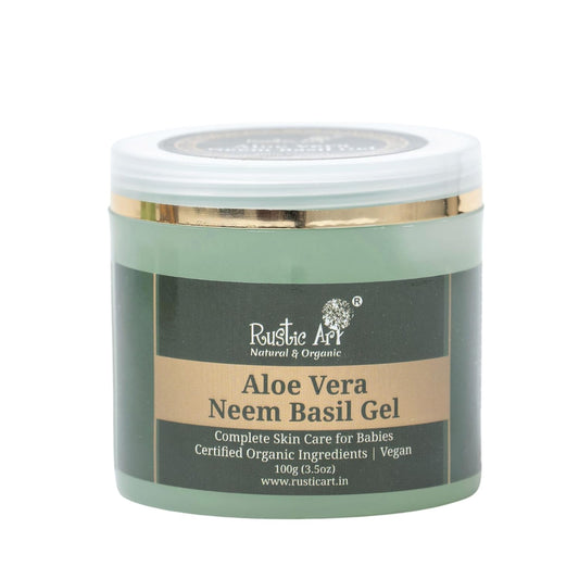 Rustic Art Organic Aloe Vera Neem Basil Gel | Soothing, Cooling | Anti Acne, Reduces Redness | For Kids, Women & Men | 100g
