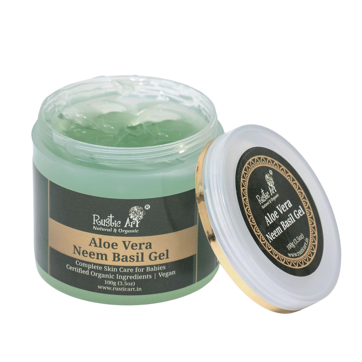 Rustic Art Organic Aloe Vera Neem Basil Gel | Soothing, Cooling | Anti Acne, Reduces Redness | For Kids, Women & Men | 100g