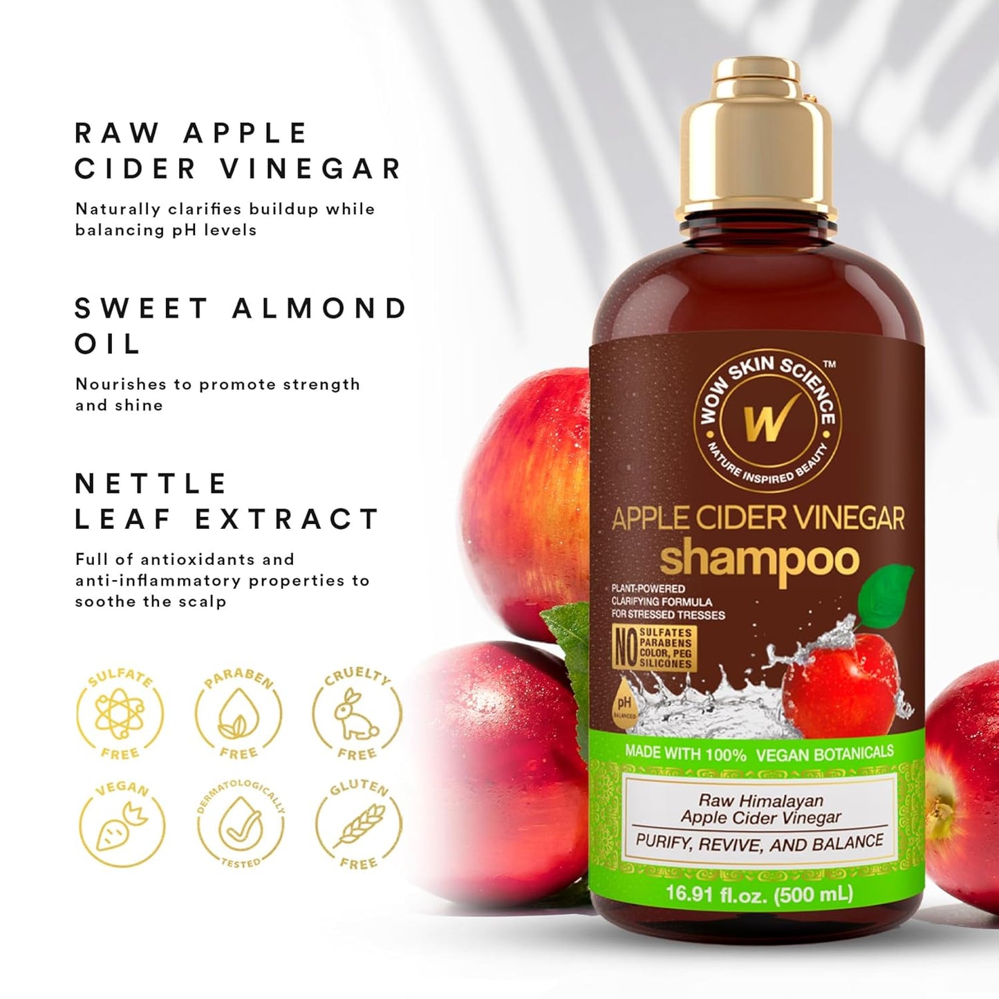 WOW Skin Science Apple Cider Vinegar Shampoo - Hair Growth Shampoo for Thinning Hair, Hair Loss & Dandruff Shampoo - Parabens & Sulfate Free Shampoo - Clarifying Shampoo for Build Up Purifying Shampoo (16.9 Fl Oz (Pack of 1))
