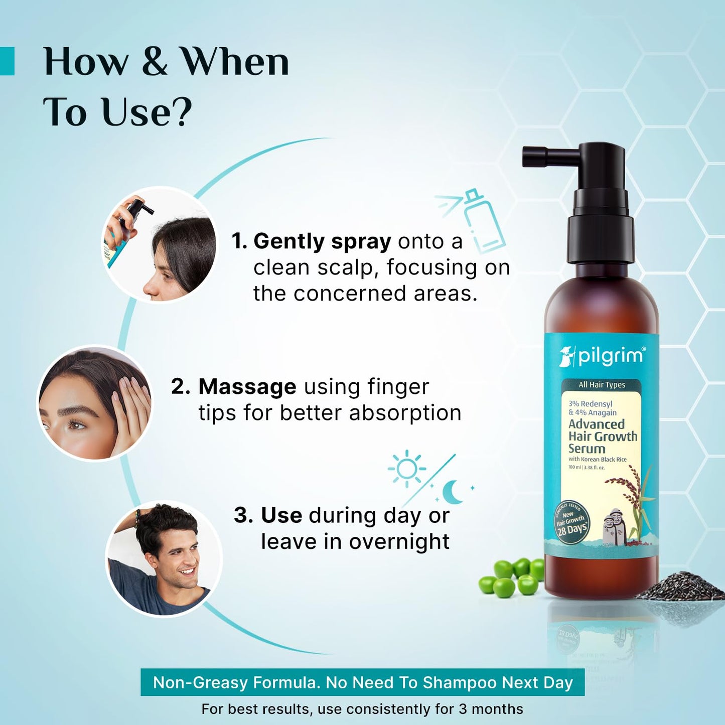 Pilgrim Advanced Hair Growth Serum with Redensyl 3%, Anagain 4% & Baicapil | Hair Fall Control & Regrowth | Korean Black Rice | For Men & Women, 1.69 Fl Oz (50ml)
