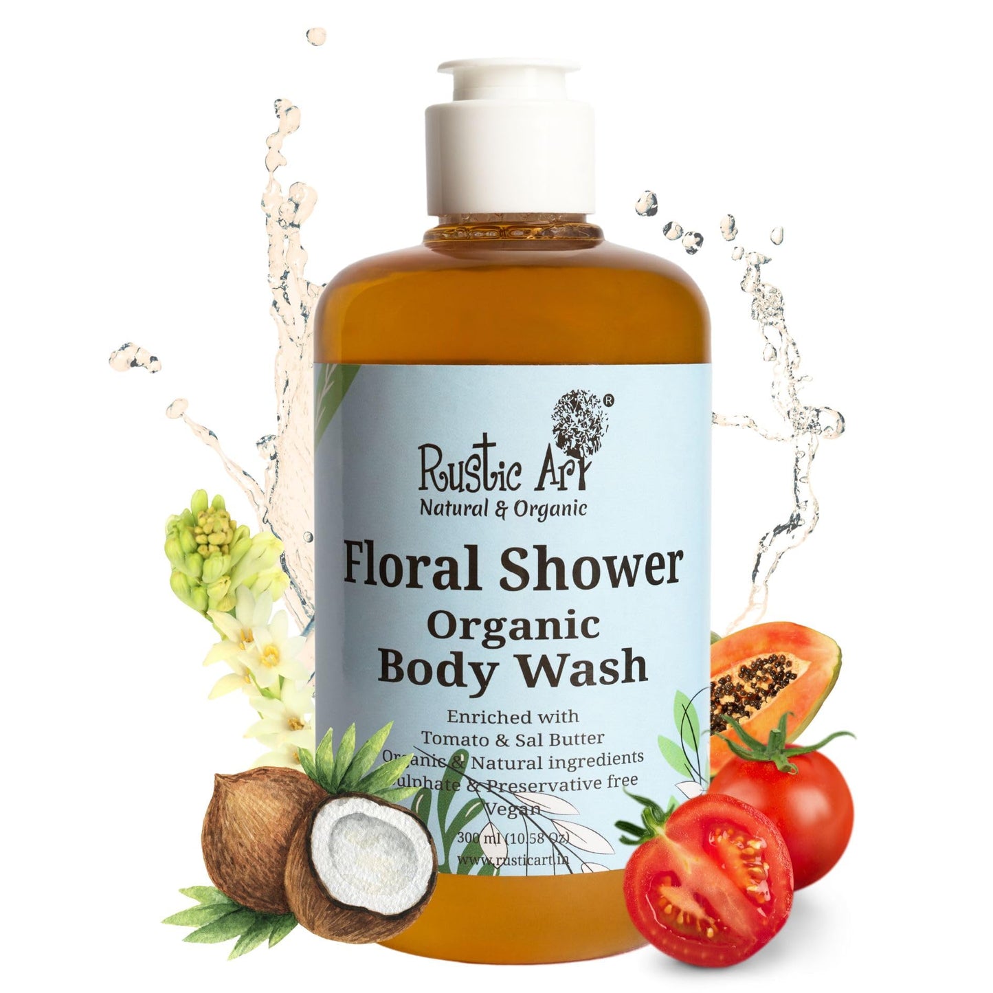 Rustic Art Rosemary Peppermint Body Wash | Organic Castile Soap | Cooling, Fights Body Acne & Gently Exfoliates | Sulphate & Paraben-Free | For Women & Men | Deep Cleansing & Moisturizing | 300ml