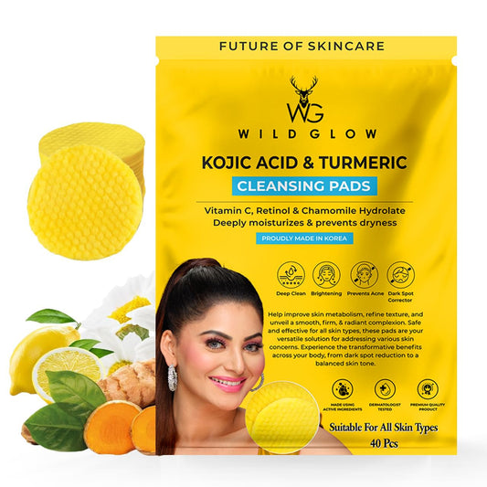 WILDGLOW Turmeric & Kojic Acid Face Cleansing Pads for Dark Spots, Skin Brightening & Acne Prevention | Vitamin C, Retinol & Chamomile Hydrolat | For Women & Men | All Skin Type | 40 Pieces Pack of 1